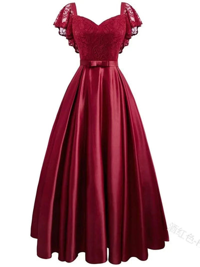Summer Burgundy Party Dress Floral Lace Long Women Short Sleeve Ruffle Elegant Red Blue Black Casual Maxi Date Satin Vestidos