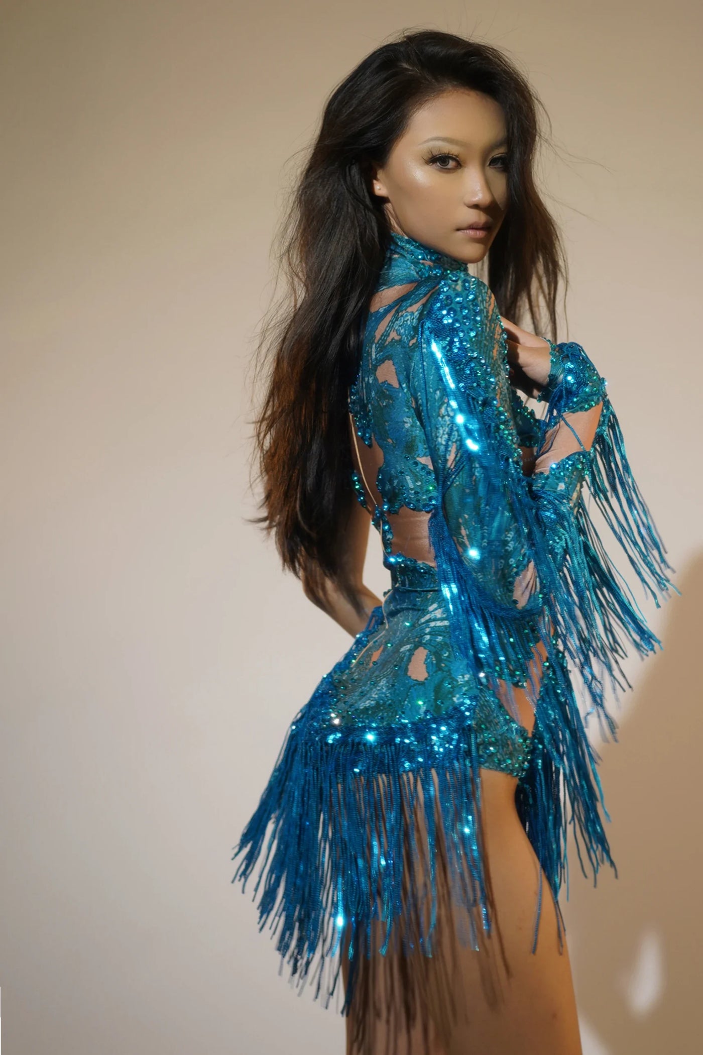 Women Dance Costume Sexy Skinny Leotard Singer Dancer Show Stage Wear Sparkly Blue Rhinestones Fringes One Shoulder Bodysuit