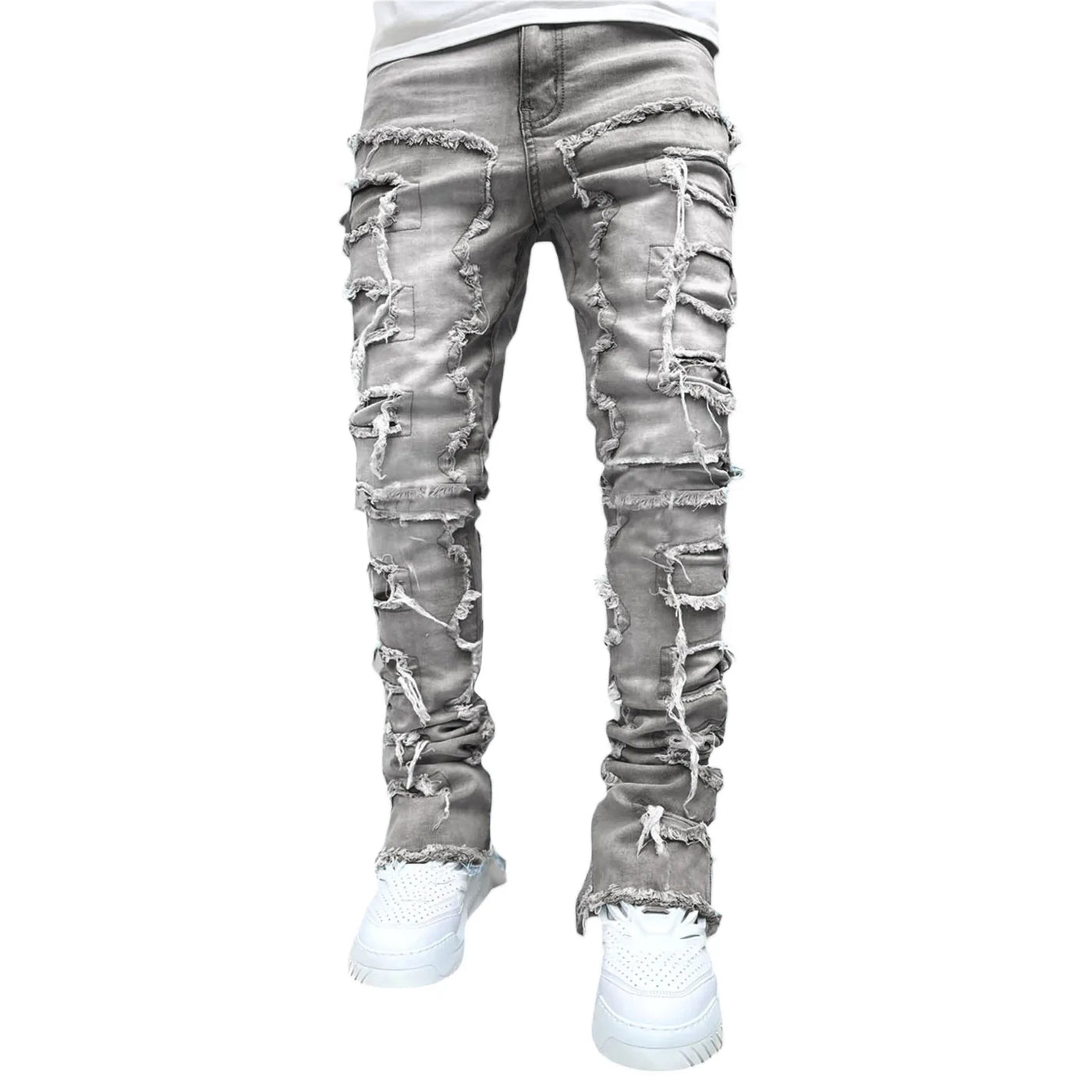 New Fashion Stretch Jeans Man Stacked Jeans Elastic Waist Straight Fit Patchworks Denim Long Pants Fringe Ripped Jeans For Men