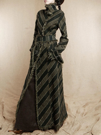 [Vibe] Women Blue Striped Burr Denim Long Trench New Turtleneck Long Sleeve Windbreaker Fashion Tide Spring Autumn 2025