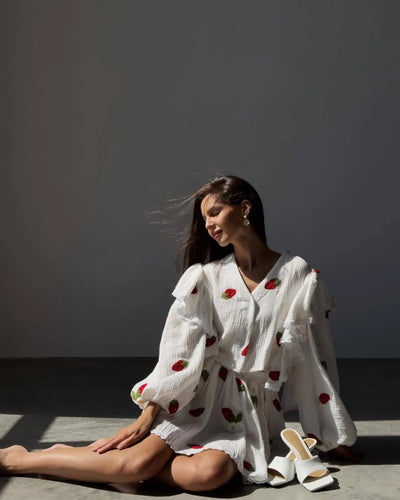 Women Cotton Linen Print Loose Suit Women Lantern Sleeve Ruffles V-neck Patchwork Single-Breasted Top High Waist Mini Skirt Suit