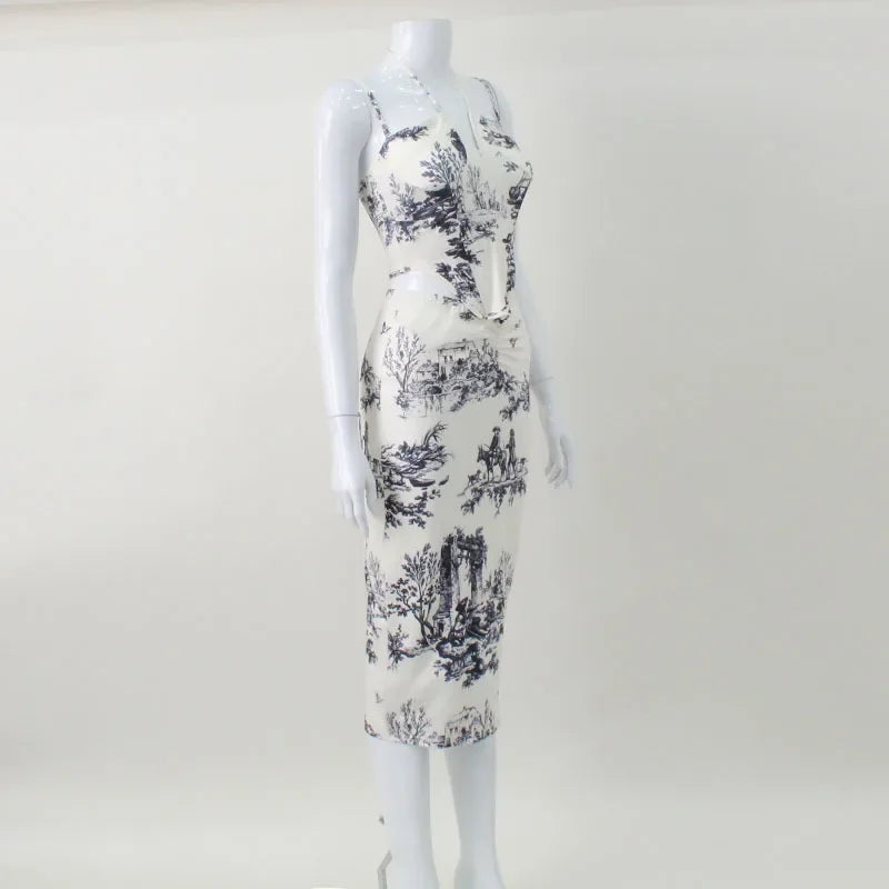 Elegant Casual Printed Tracksuits for Women 2 Piece Sexy Fashion Slash Neck Sleeveless (Tops+Skirt) Slim Fit Hip Wrap Female Set