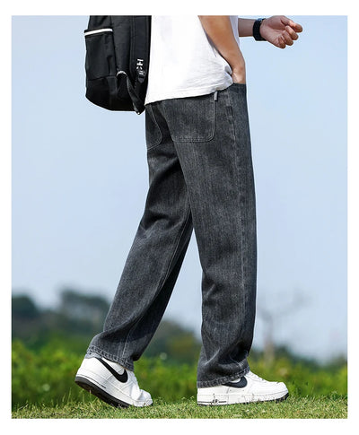 Men's Straight-Leg Jeans, Minimalist for All Seasons, Loose with Drape, Narrow-Wide Leg, Retro Casual Long Pants, Sizes 28-38