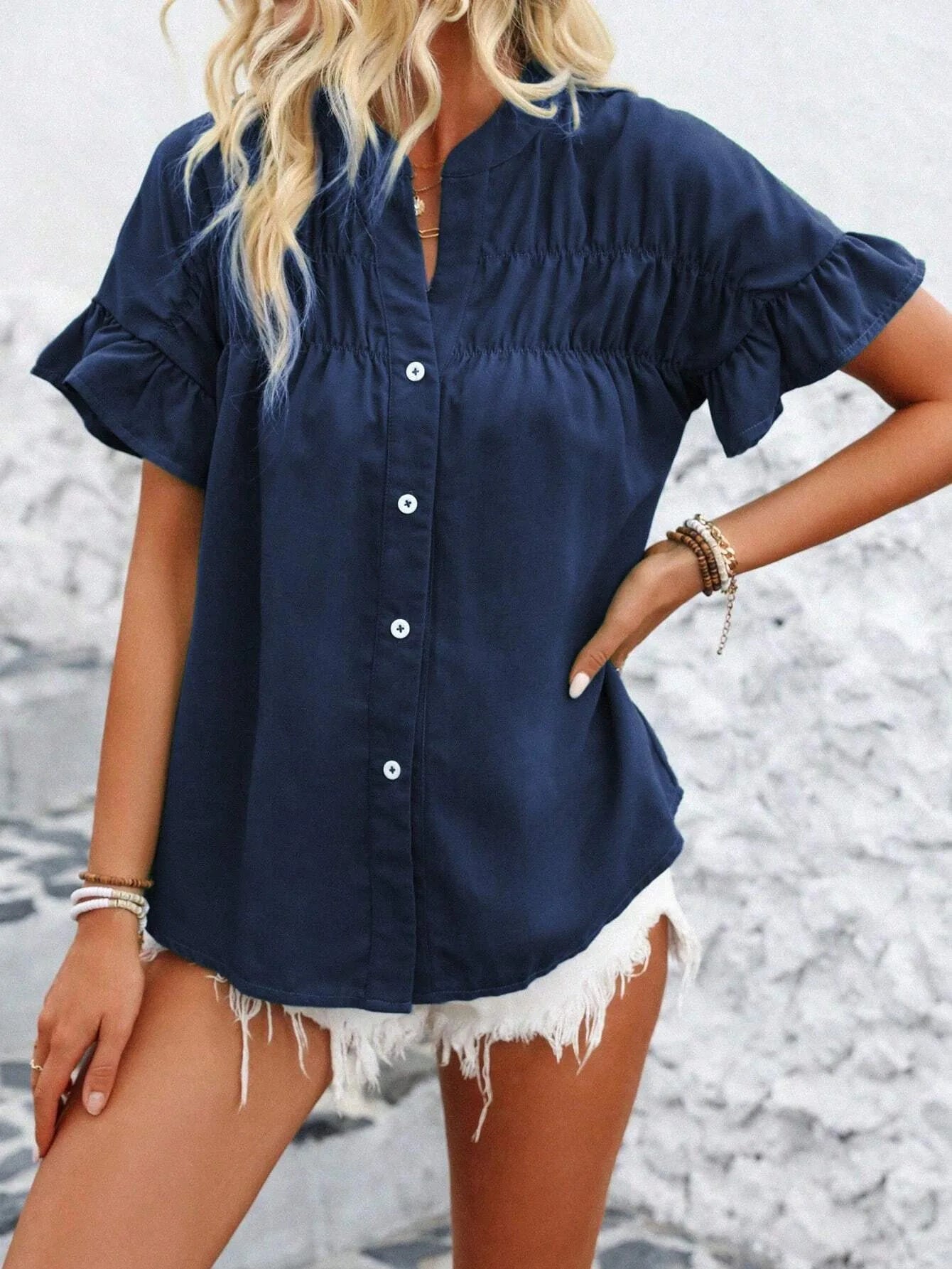 Women Button Solid Cotton Linen Blouses Summer 2025 Fashion Stand Up Short Sleeve Shirts Casual V-Neck Ruffles Office Lady Tops