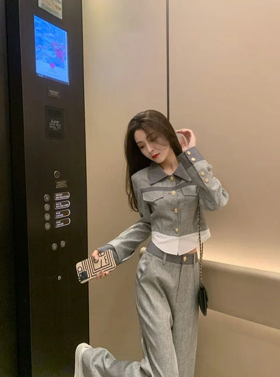 Trousers Woman Office Grey Wear To Work Top and Pant Sets for Women 2 Pieces Professional Spring Autumn Korean Style Luxury Full