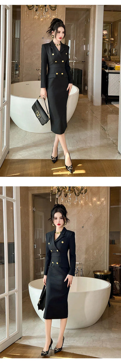 Fashion Elegant Midi Dress Women's Professional Business Style Long Sleeve Double Breasted Slit Robe Office Lady Work Vestidos