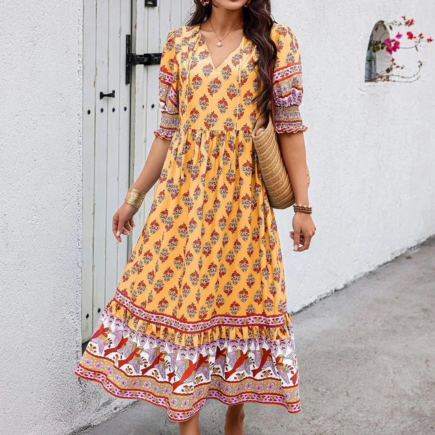 dresses for women Fashion summer Casual long dresses Bohemian V-Neck Printed High Waisted Big Swing Dress vestidos cortos