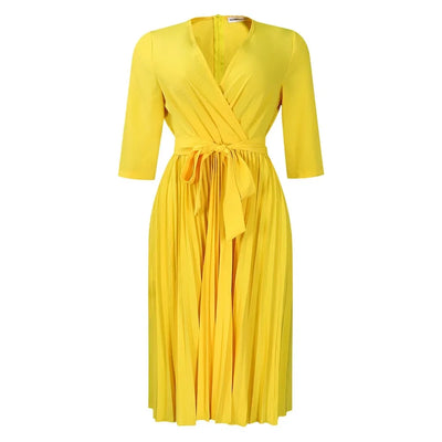Elegant Office Dresses for Women Professional V Neck Full Sleeve Sashes Pleated Mid Calf Formal Business Work Wear Dress Midi OL