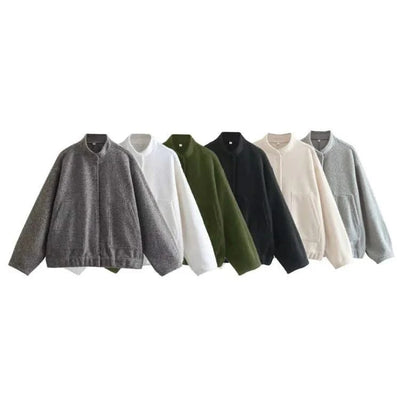 Woman's Oversized Bomber Jacket Autumn New Round Neck Long Sleeve Pocket Hidden Button Loose Jackets Coat Female Outerwear