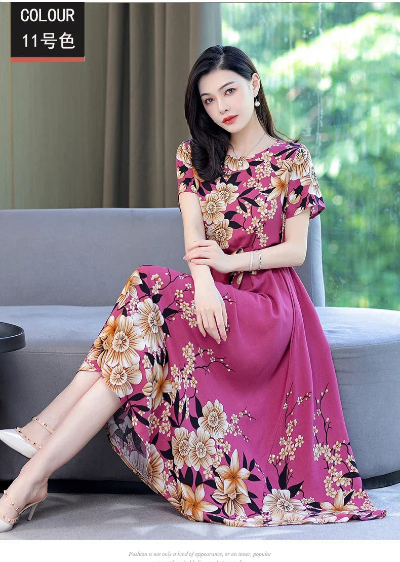 New Fashion 2024 Print Summer Dresses For Women Short Sleeve O-Neck Elegant Summer Dress Woman Clothing