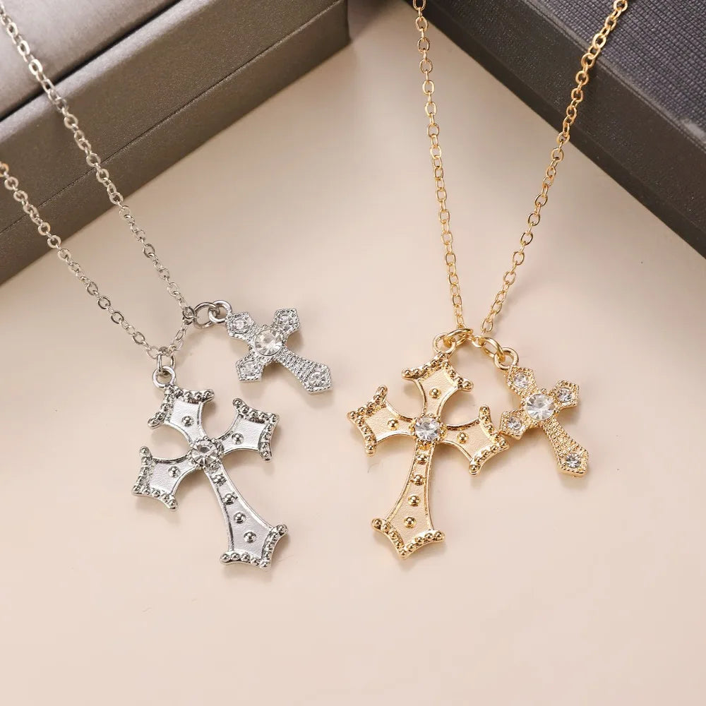 Retro Stereo Double Cross Pendants Long Necklace Baroque Court Sweater Chain for Women Fashion Gothic Jewelry Accessory Gifts