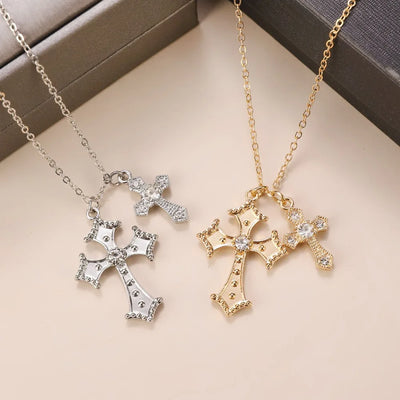 Retro Stereo Double Cross Pendants Long Necklace Baroque Court Sweater Chain for Women Fashion Gothic Jewelry Accessory Gifts