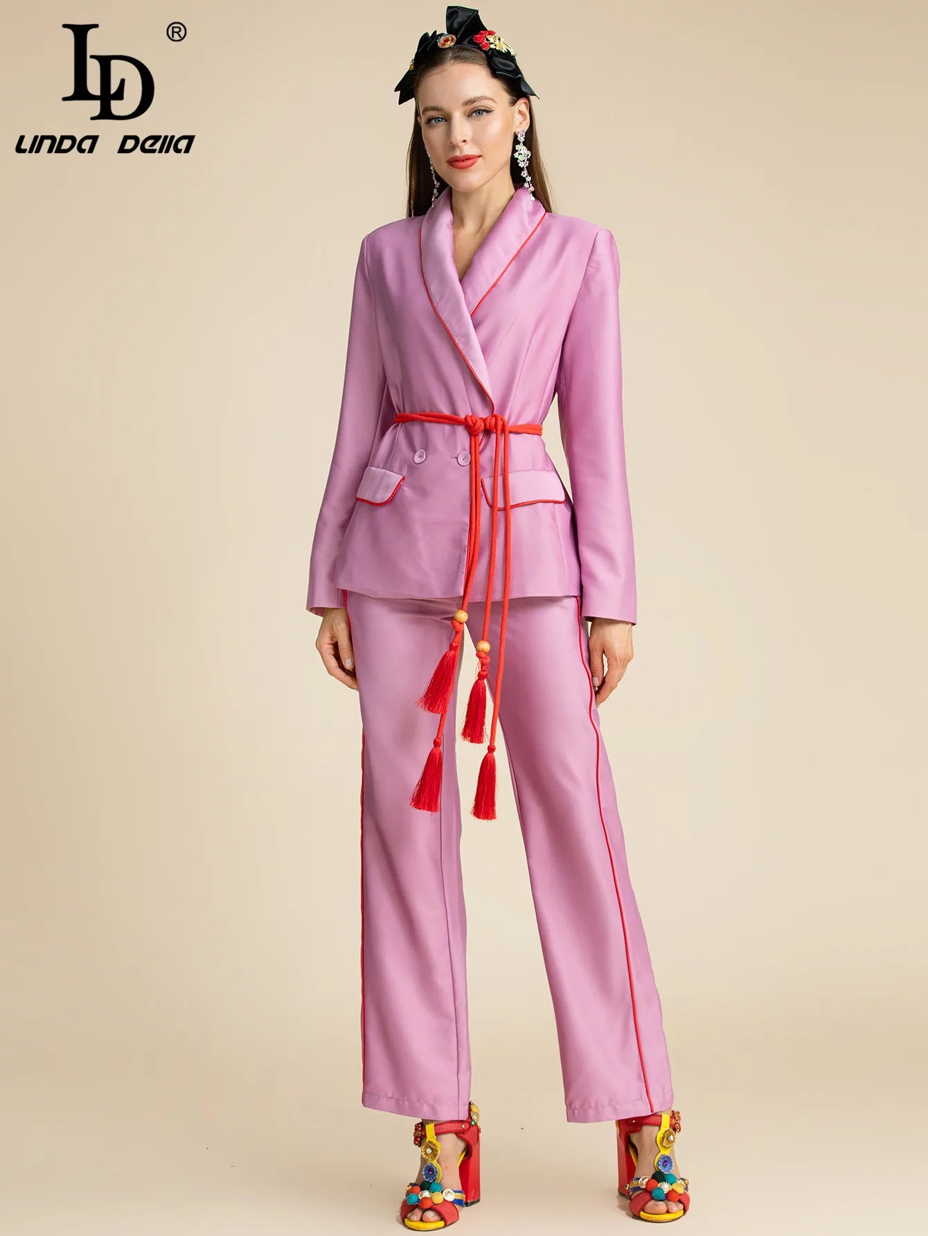 LD LINDA DELLA Fashion Designer Autumn Purple Pants Suit Women's Slim Long sleeve Belted Blazer and Pants Two Pieces Sets