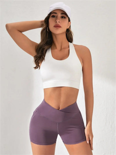 Women's High Cross Waist Biker Shorts Side Pockets Buttery Soft Comfy Criss Cross Running Yoga Athletic Short Pants