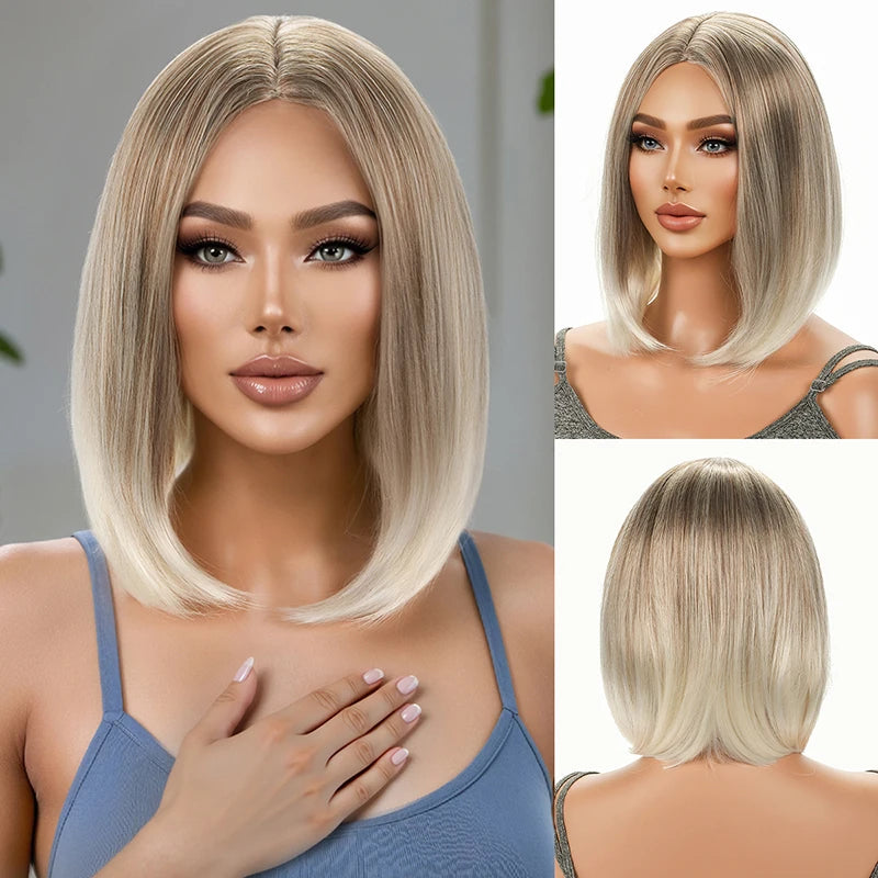 Wigs for Women; Synthetic Wig Cross-Border Golden Short Hair; Bobo Short Straight Hair; Synthetic Fiber Hair with Middle