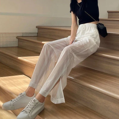 Wide Leg Elastic Waist Trousers for Woman Straight Women's Pants Black Stripe White Clothing High Quality Classic Y2k Streetwear