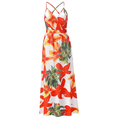 Floral Dress Women's Summer Dress Sexy Backless V-neck Suspender Long Dress