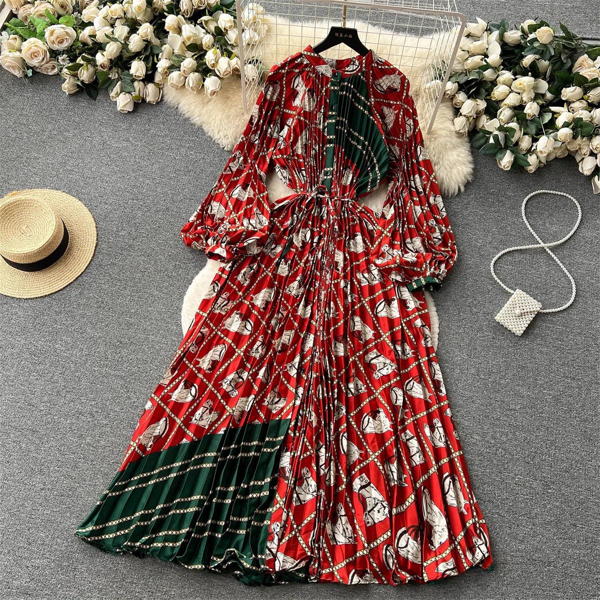 Retro Print Elegant Pleated Lantern Long Sleeve O Neck Single Breasted Dress A-line  Casual High Waist Women Summer Dresses