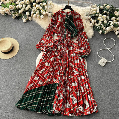 Retro Print Elegant Pleated Lantern Long Sleeve O Neck Single Breasted Dress A-line  Casual High Waist Women Summer Dresses