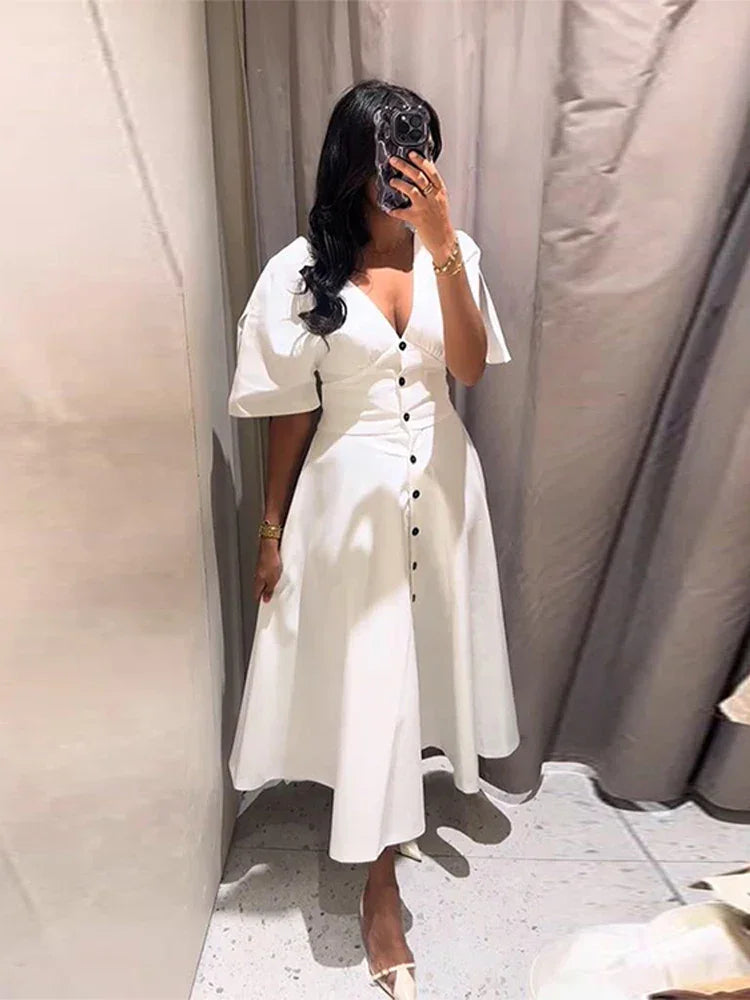 Women's Dress 2025 Summer Autumn New White Short Sleeve Buttons V Neck Midi Dress Casual Fashion Personality Versatile Vestidos