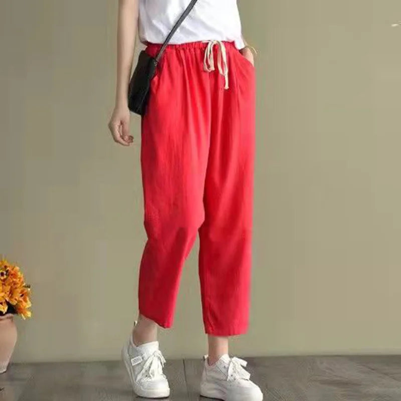 2024 Spring Summer Cotton Linen Pants Women Solid Color Casual Ankle-length Pant Woman Lace-up Waist Loose Trousers