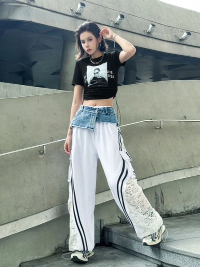 Wide Leg Pants Women Floor Length Patchwork Lace Denim Stripe Print High Waist Multiple Pockets 2025 Streetwear Cargo Trousers
