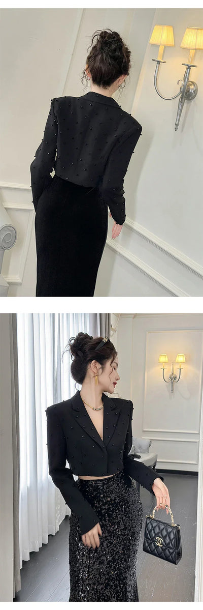 Fashion Chic Women's Blazer Office Lady Bright Black Long Sleeve Short Casual Party Coat Ladies Outerwear Stylish Cropped Tops