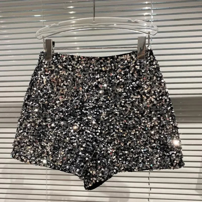 2025 New Summer Spring New Full Sequined Shiny Casual Shorts Heavy Zipper Nightclub Socialite Short Shorts Hot Pants for Women - Elanique