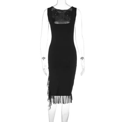 Women Maxi Dress Summer Elegant Solid Sleeveless Nipped Waist Slim Backless Ruffled Irregular Party Dresses Streetwear