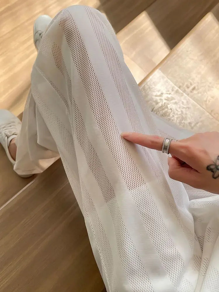 Wide Leg Elastic Waist Trousers for Woman Straight Women's Pants Black Stripe White Clothing High Quality Classic Y2k Streetwear