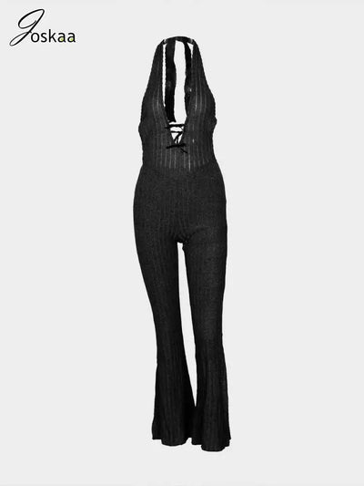Joskaa Knitted Halter Backless Jumpsuit Women Sexy Deep V-Neck Bow Sleeveless Skinny Overalls 2025 Fitness Sportswear Clubwear