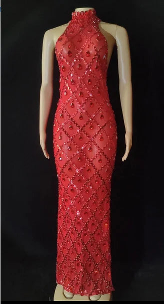Women Sexy Stage Shining Rhinestone Sequins Dress Evening Prom Birthday Dress Transparent Performance Singer Club Host Dress