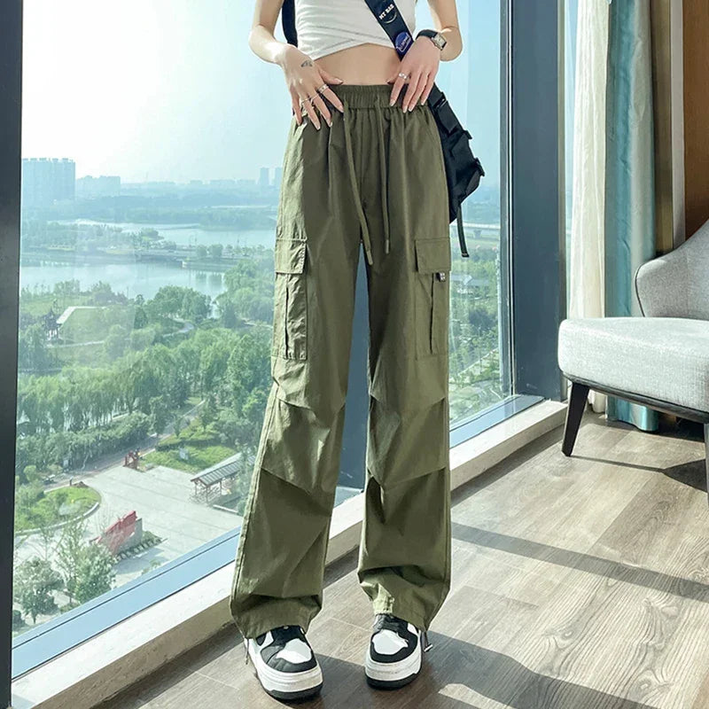 Fashion Women Joggers Pants Casual Female Chic Straight Cargo Pants Elastic High Waist Streetwear Slim Trousers Summer Thin