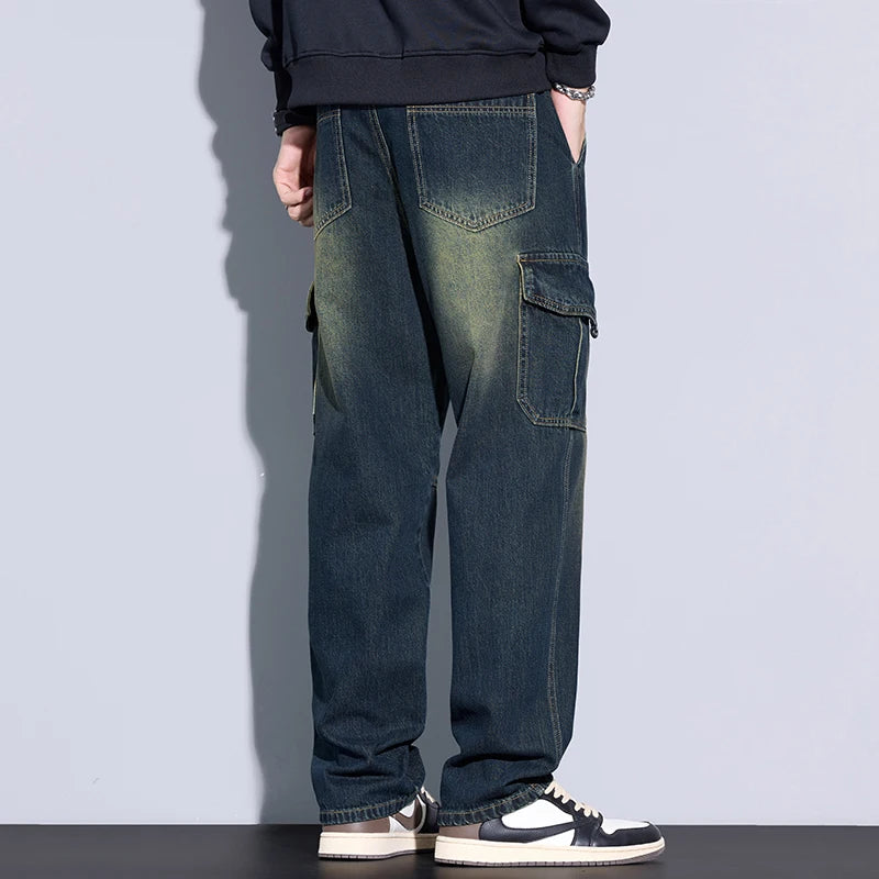 Men's 97% Cotton Straight Cargo Jeans Trendy Multi-pocket Nostalgic Loose Trousers Man American Vintage Fashion Denim Pants