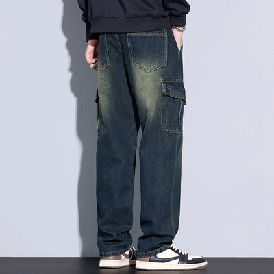 Men's 97% Cotton Straight Cargo Jeans Trendy Multi-pocket Nostalgic Loose Trousers Man American Vintage Fashion Denim Pants