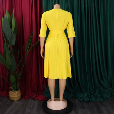 Elegant Office Dresses for Women Professional V Neck Full Sleeve Sashes Pleated Mid Calf Formal Business Work Wear Dress Midi OL