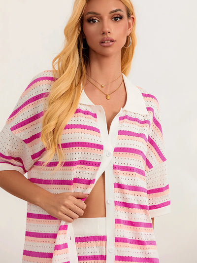 Women Pajamas Set 2 Pieces Loungewear Suits Summer Striped Contrast Color Button Crochet Knit Tops and Shorts Lounge Sets Beach