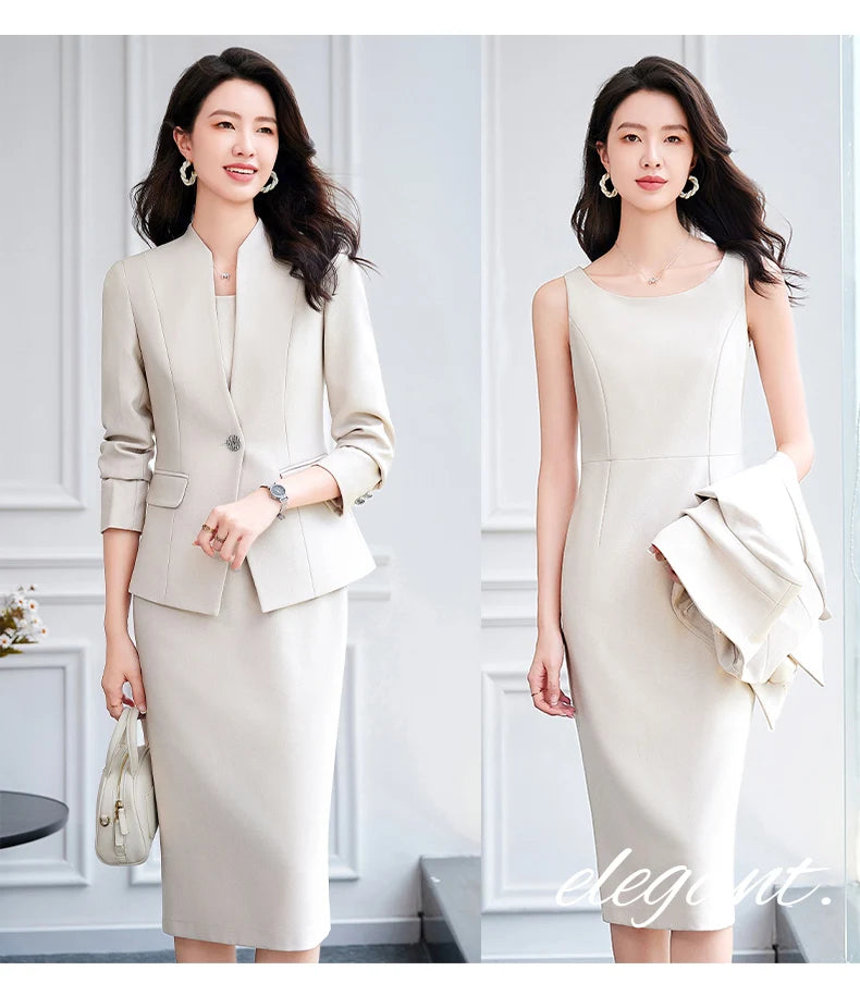 NAVIU 2025 Women Office Dress Set Monochromatic Slim Fit Suit Stand Collar Single Button Fashion New 2 Pcs Brazer and Dresses