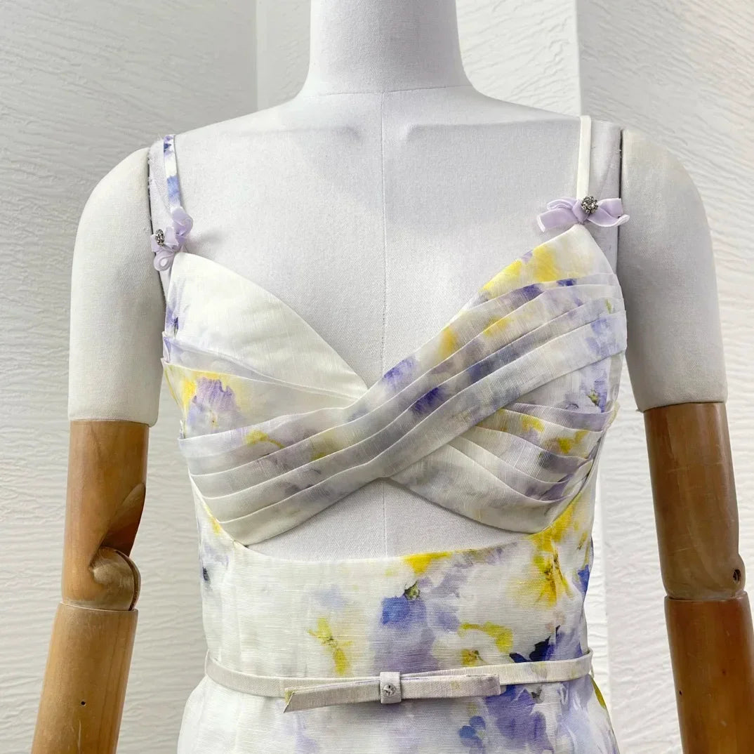 Overlap Pleats 2025 New Floral Print Linen Silk High Quality Spring Summer Sleeveless Shirred Strapless Women Midi Dress