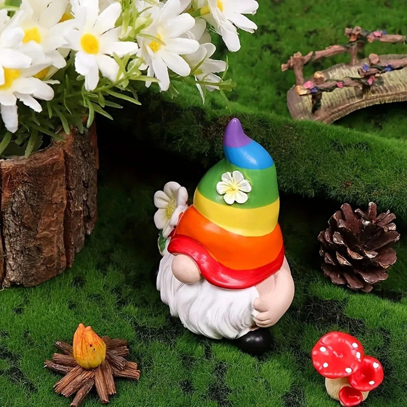 Garden Gnome Figurine with Rainbow Hat Miniature Ornaments Cute Mini Dwarf Planter Flowerpot Decor Accessories