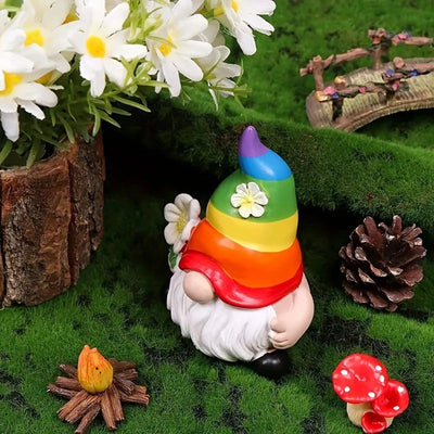Garden Gnome Figurine with Rainbow Hat Miniature Ornaments Cute Mini Dwarf Planter Flowerpot Decor Accessories