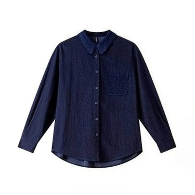 VIMLY Navy Blue Denim Suit Women's 2025 Autumn Outfits Vintage Lace Polo Collar Shirt Wide Legs Pants Ladies 2 Piece Sets A2526
