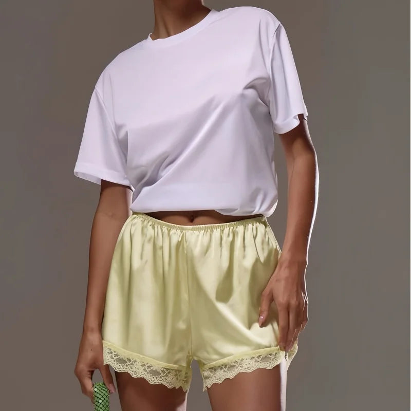 Women Cozy Satin Lounge Shorts Elastic Waist Lace Patchwork Loose Pajamas Shorts Sleepwear