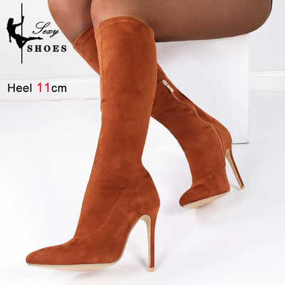 Women's Knee High Boots Black Sexy High Heels Shoes Side Zip Pointed Toe Boots Autumn Elasticity Mid Booties
