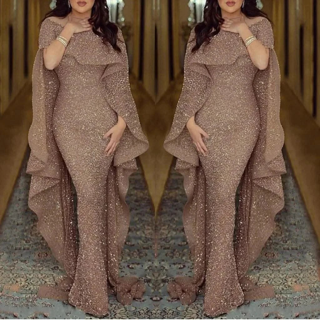 Women's Maxi Dress with Cloak Short Sleeve Sling Sequined Bodycon Evening Party Dress | Ladies Fashion Dresses