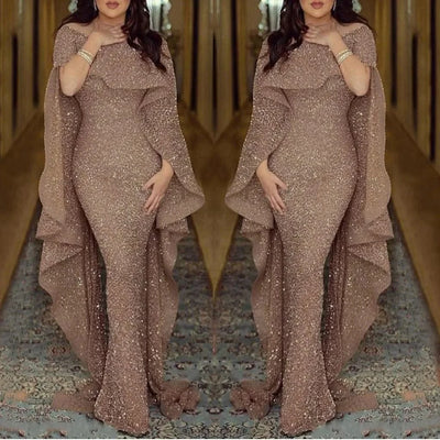 Women's Maxi Dress with Cloak Short Sleeve Sling Sequined Bodycon Evening Party Dress | Ladies Fashion Dresses