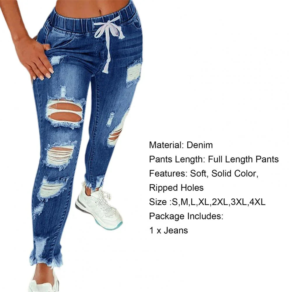 Popular Pencil Jeans Streetwear Women Jeans Slim Slim-fitting All Match Denim Pants  Elastic Waist