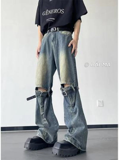 Men's Jeans Vintage Knee Destroyed Ripped Jeans streetwear Slim fit Pants beggar Hole Hip Hop denim trousers Men y2k jeans