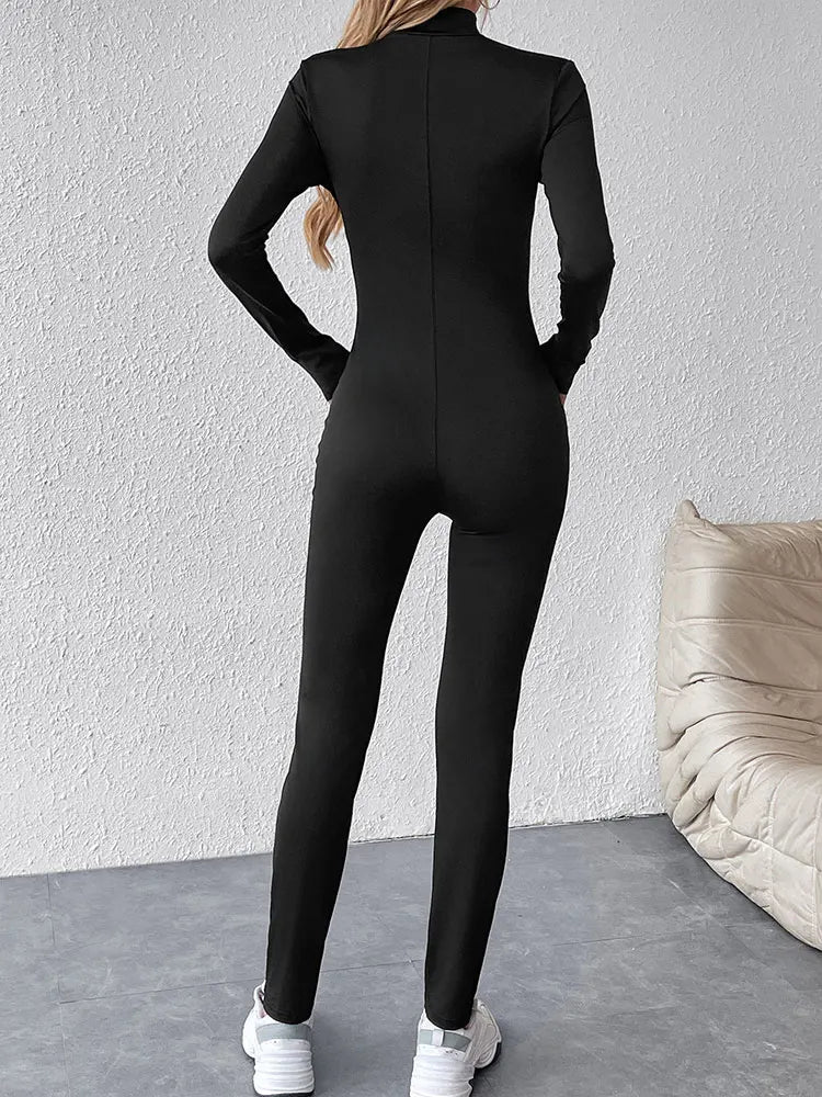 Women New Jumpsuits Spring Fashion Streetwear Long Sleeves Half High Collar Zippers Bodycon Rompers Black Sexy Female Jumpsuits