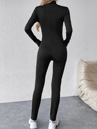 Women New Jumpsuits Spring Fashion Streetwear Long Sleeves Half High Collar Zippers Bodycon Rompers Black Sexy Female Jumpsuits